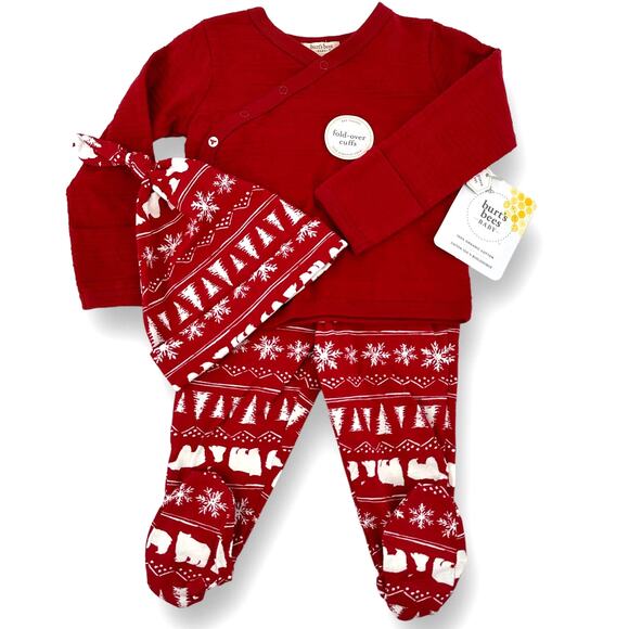 Burts Bees Winter Polar Bear 3 Pc Outfit Size 0-3 Mos Shirt Pants Hat Set Unisex - Picture 1 of 5